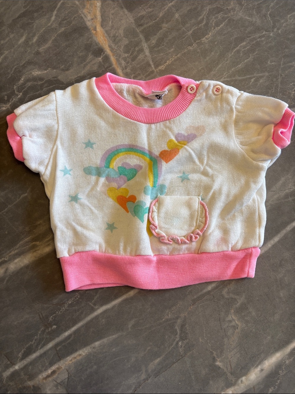 Sears White Short Sleeve Tee with Pink Trim and Rainbow Heart Graphic